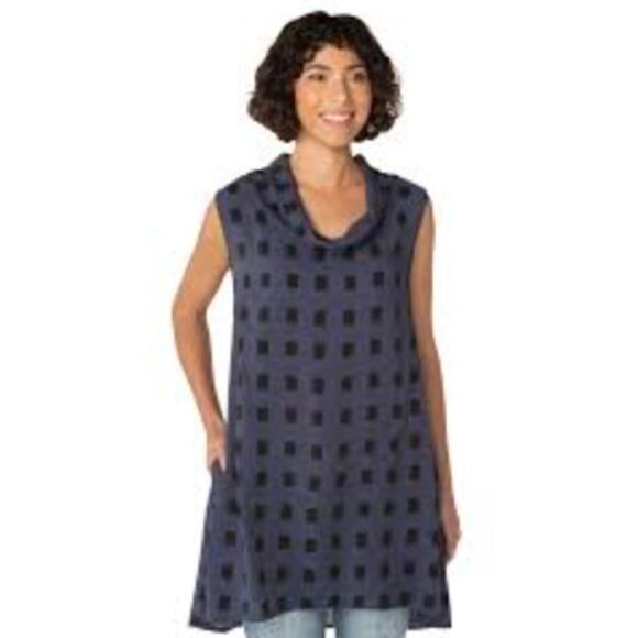 CUT LOOSE S Cowl Neck Tunic Top Sleeveless Pullover Square Patch Purple Black - Picture 4 of 12